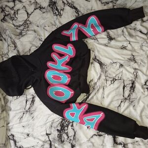 Womens Cropped Black Hoodie with Pink and Blue Accents